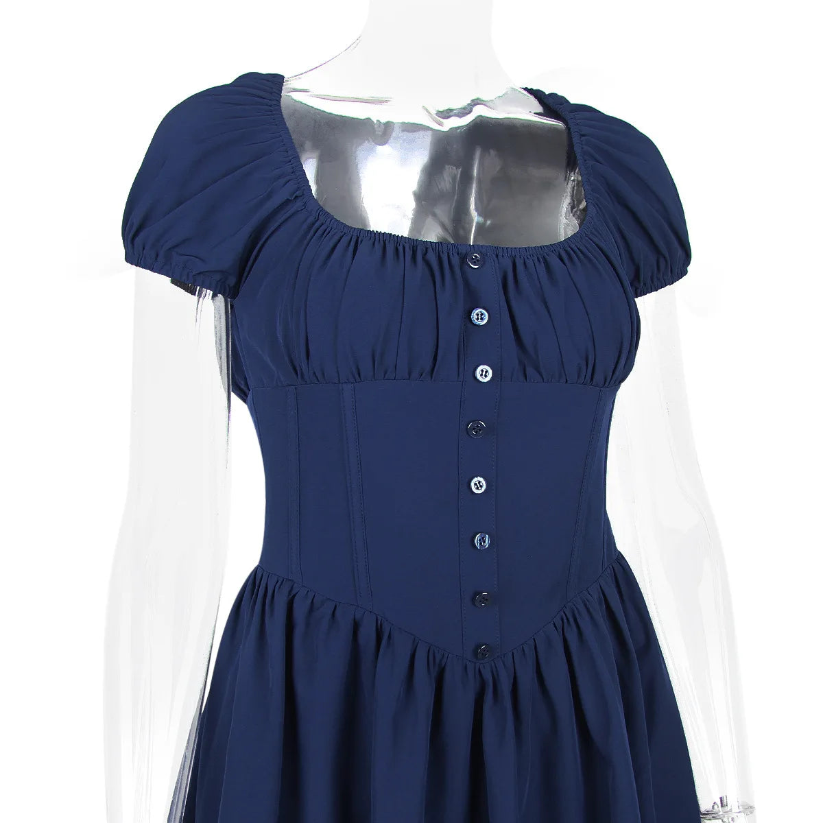 Short Sleeve Backless A-line Square Collar Pleated Mini Dress