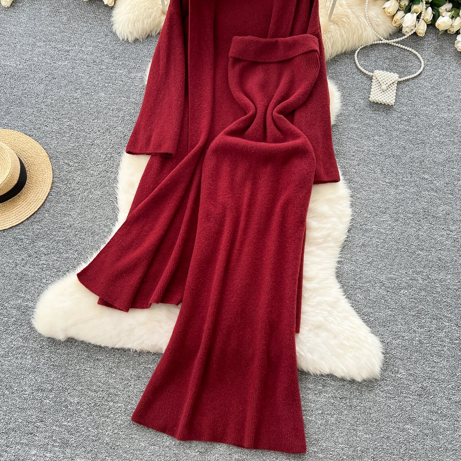Long Sleeves Oversize Cardigan+Strapless Bodycon Dress Solid Knit 2pcs Sets