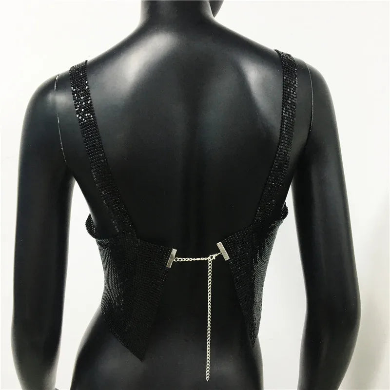Bling Metallic Sequin Crop Top y2k Backless Straps Cropped Top