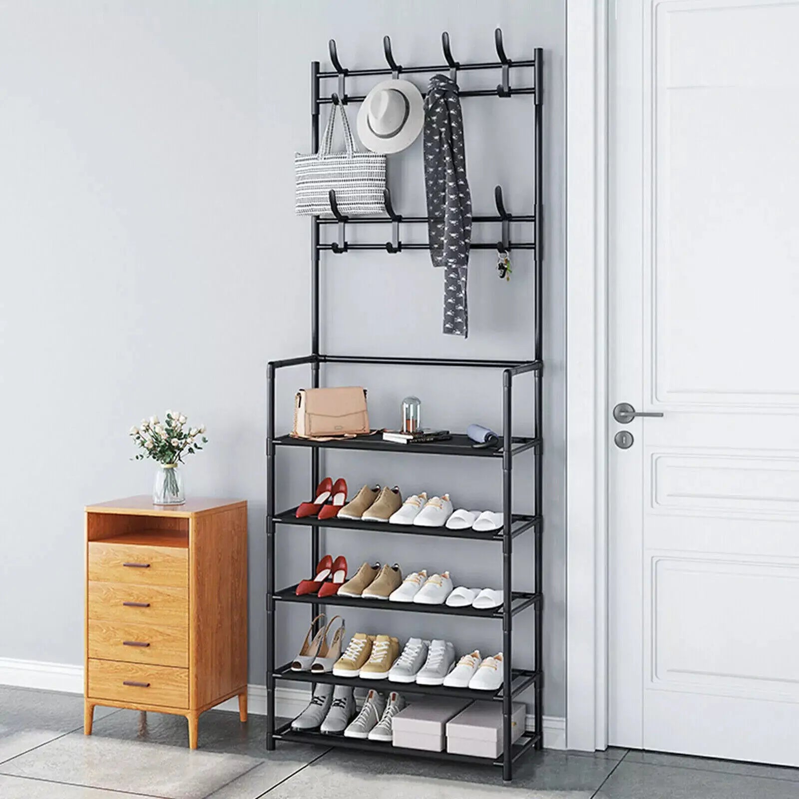 1pcs 5-Tier Shoe Storage Clothes Rack, 8 Hooks & Easy Assembly - Space-Saving Organizer for Hallway, Bedroom, Office