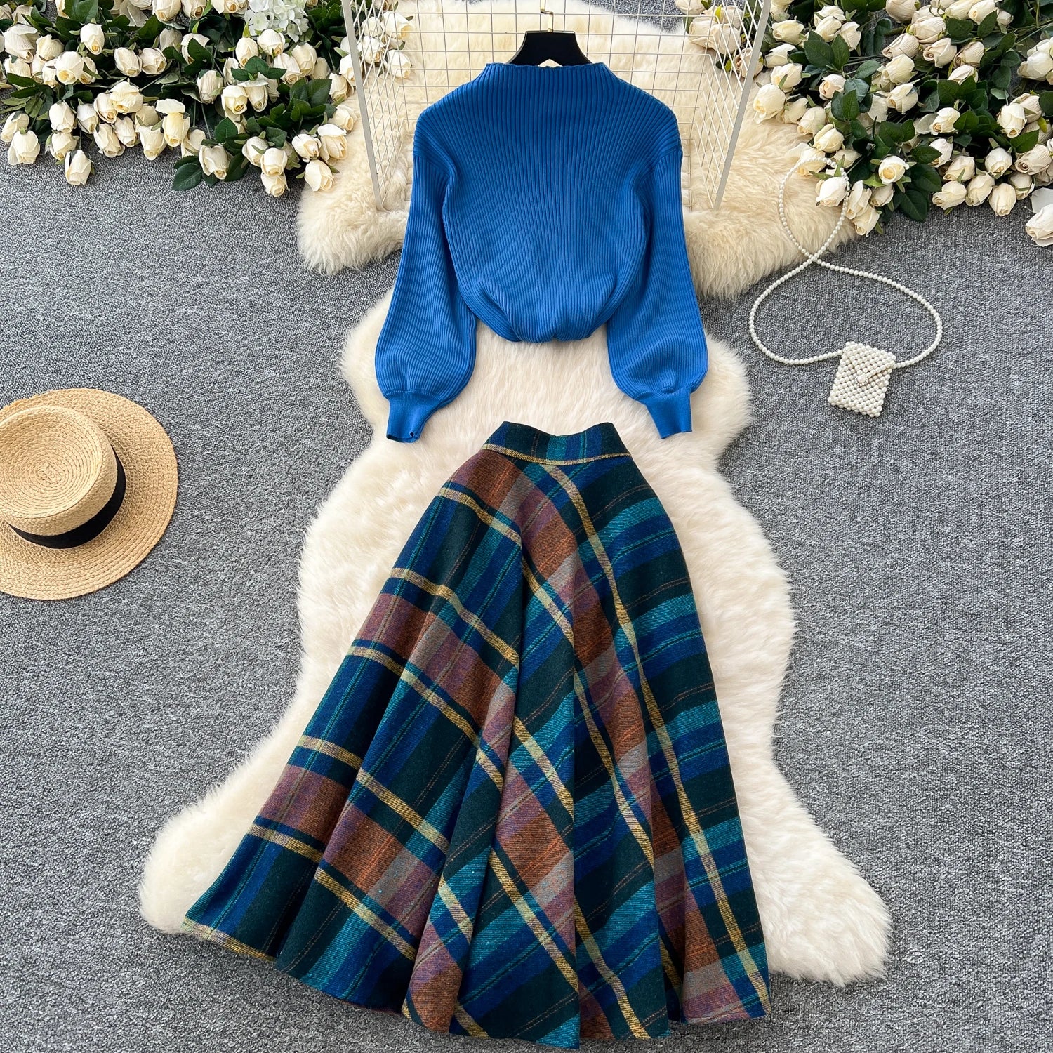 Knitted Two-Piece SetsLoose Pullovers+Plaid A Line Long Skirt High Casual Suits