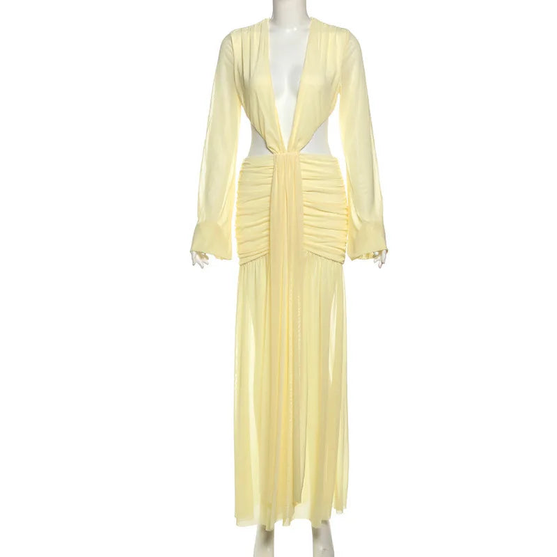 Pleated Maxi Deep V Neck Patchwork Dress