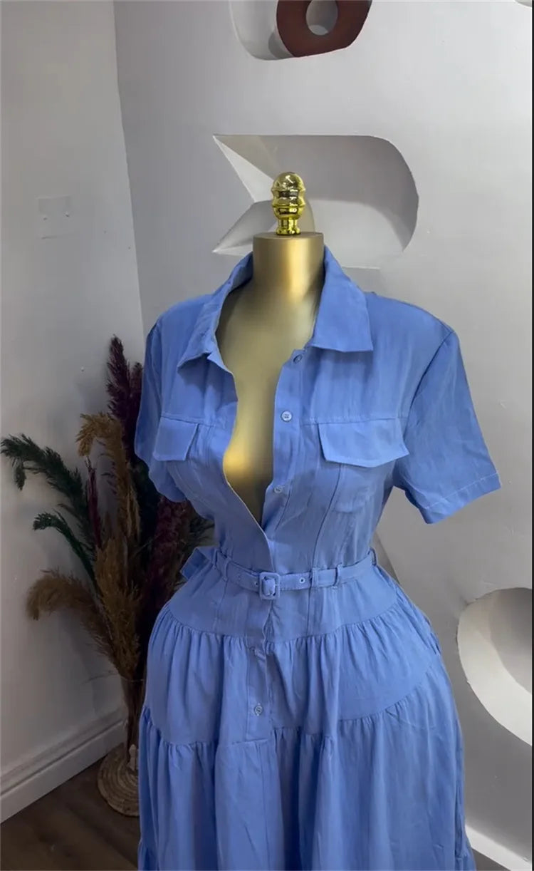 Short Sleeve Single Breasted Belt Long Maxi Dress