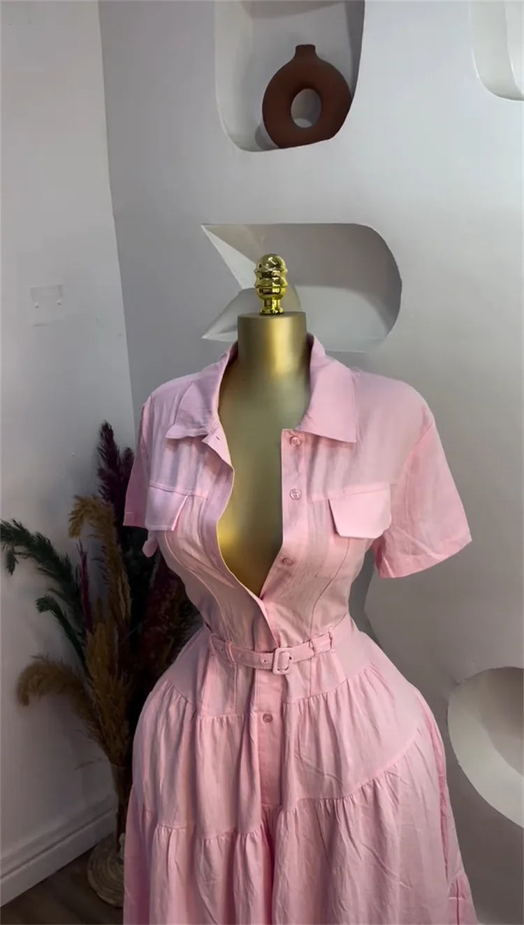 Short Sleeve Single Breasted Belt Long Maxi Dress