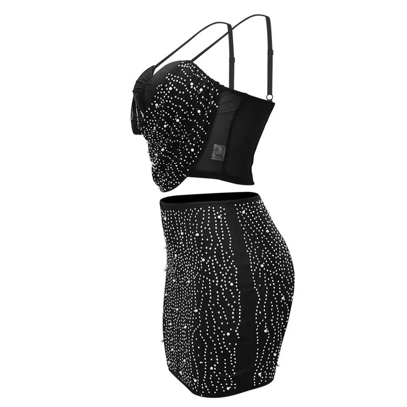 Two Piece Set Strap Mesh Rhinestone Top and Diamonds Mini Skirts Sets