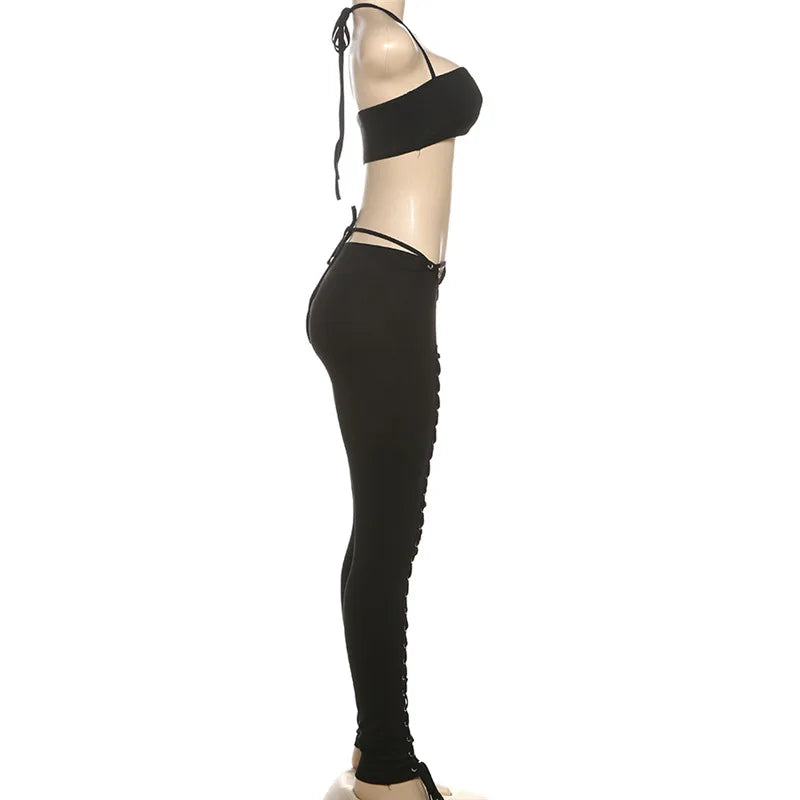 Lace Up 2 Piece Set Halter Camisole Crop Tops + Shirring Hollow Skinny Pants Two Piece Set