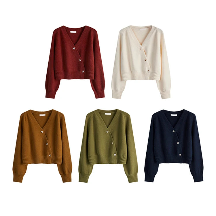 Autumn Winter Skew Button Cardigan V-neck Sweater Knitted Long Sleeve Tops Korean Loose Solid Cashmere Sweater