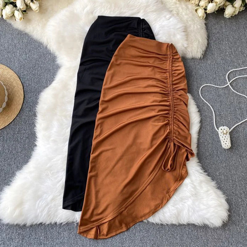 Draped Irregular Lace up Drawstring Folds Midi Skirt