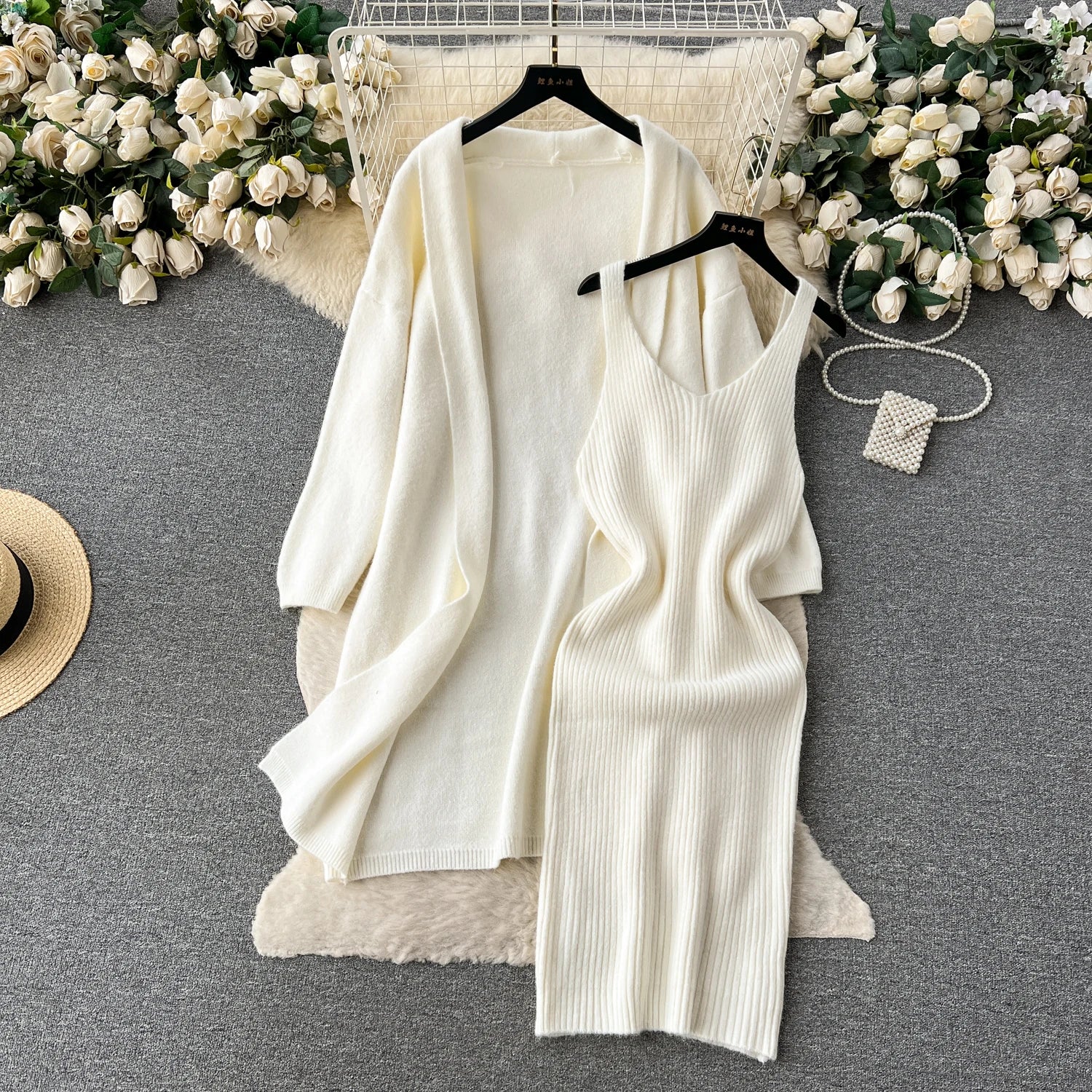 Autumn Thick Warm Knitted Suits Knit Dress+Loose Long Cardigans Sweater Casual Two Pieces Sets