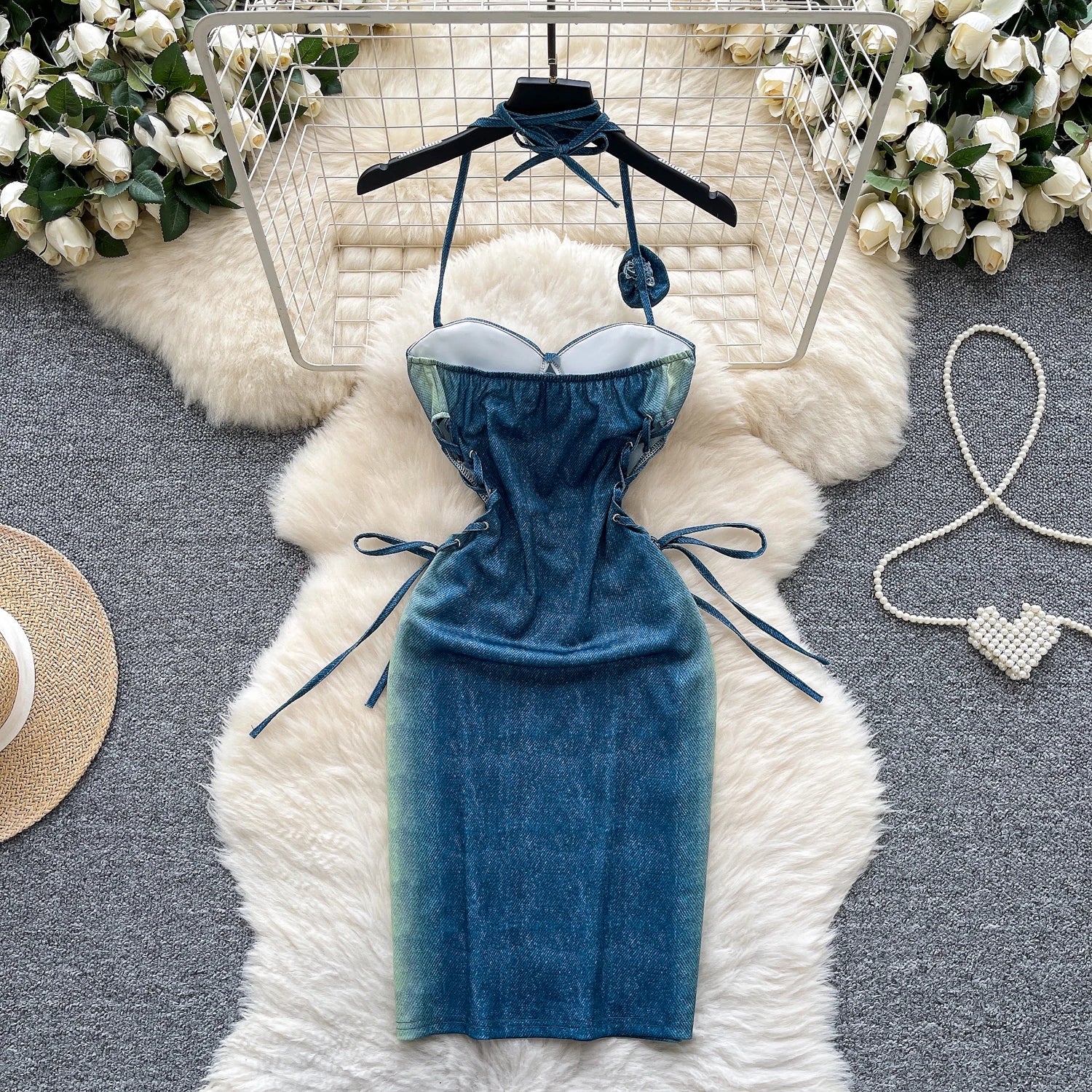 Retro Bodycon Halter 3D Flower Lace Up Sundress