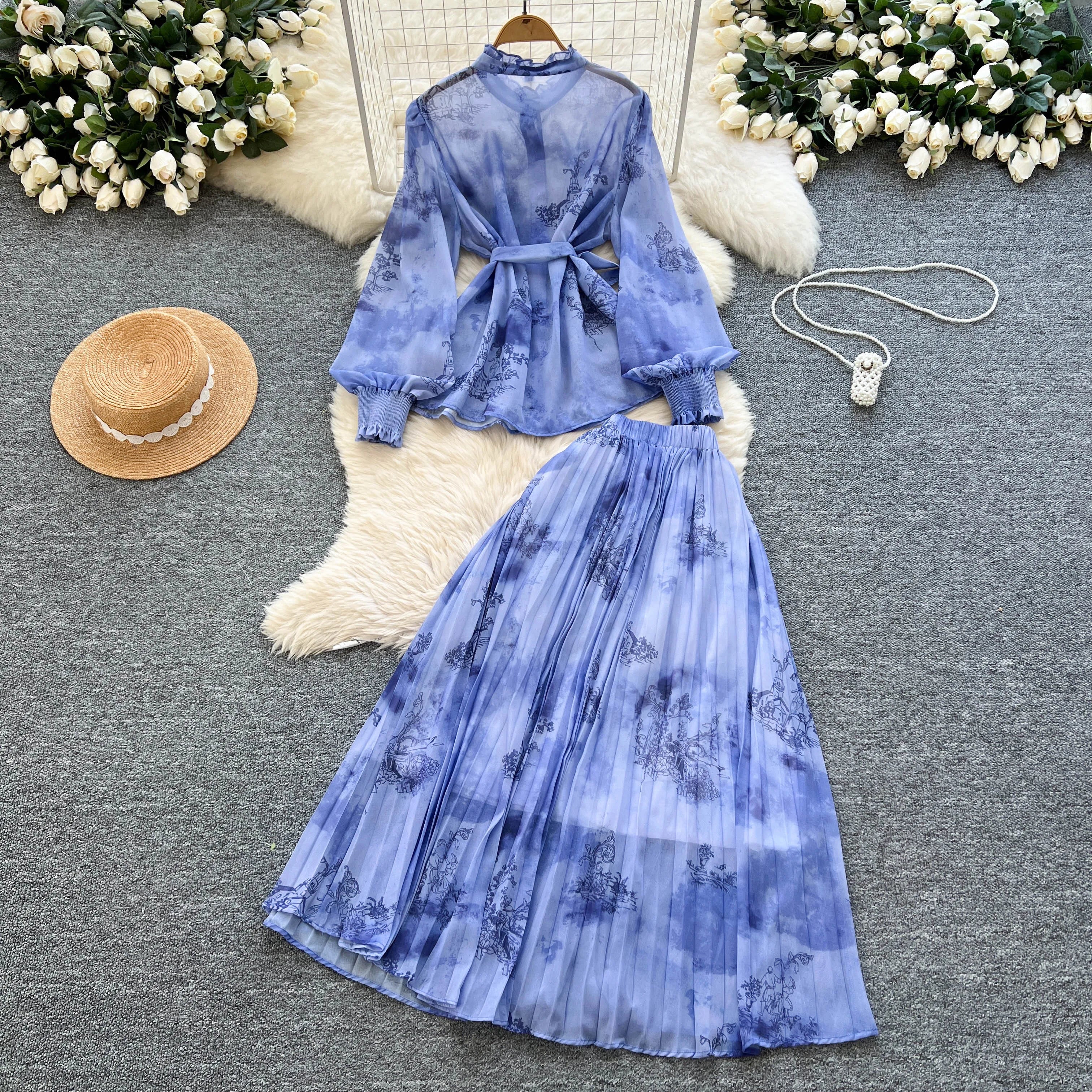 Lantern Sleeves Lace Up Loose Tops+Pleated Skirt Floral Chiffon Sets