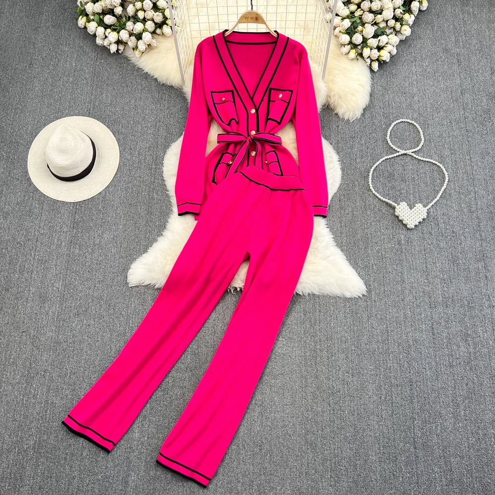 Long-Sleeve Lace-Up Waist Mid-Length V-Neck Knitted Cardigan Coat+ Wide-Leg Pants Knit Two Piece Set