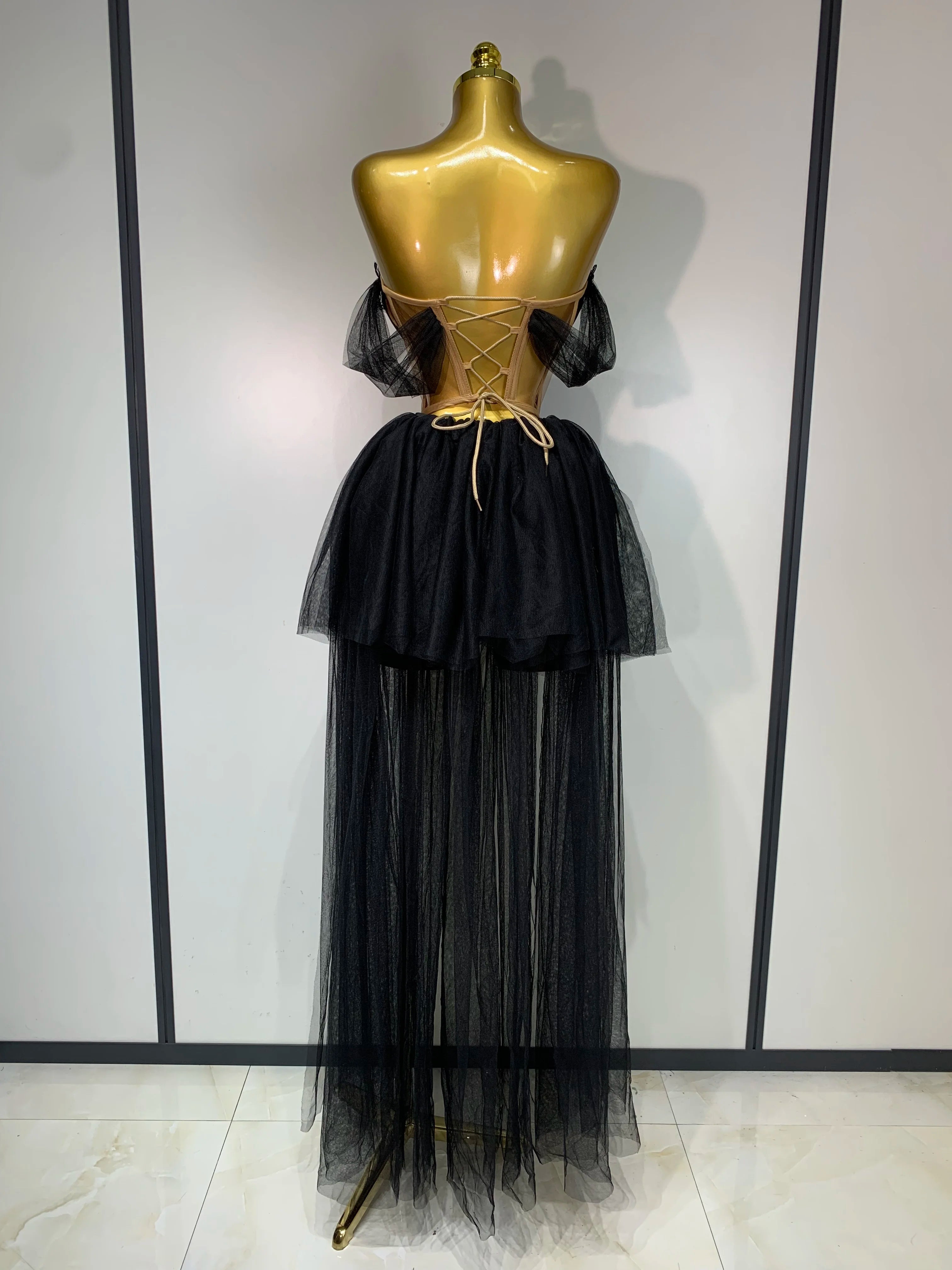 Backless Mesh Top Skirt Two Pieces Set Luxury Dress