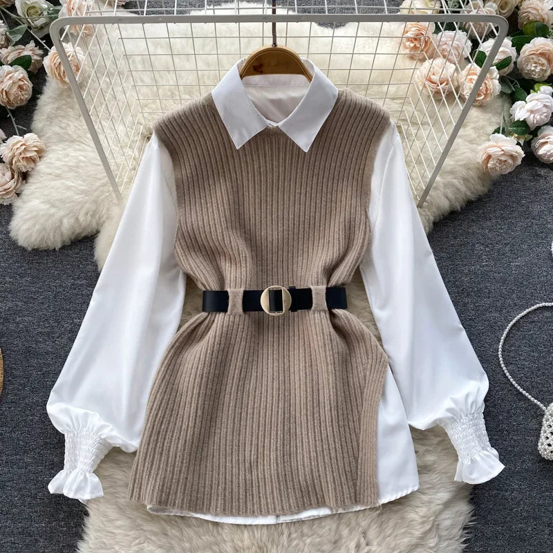 Luxury Style Loose-fit Long Sleeve White Shirt Side Slit Knit Vest 2-piece Set