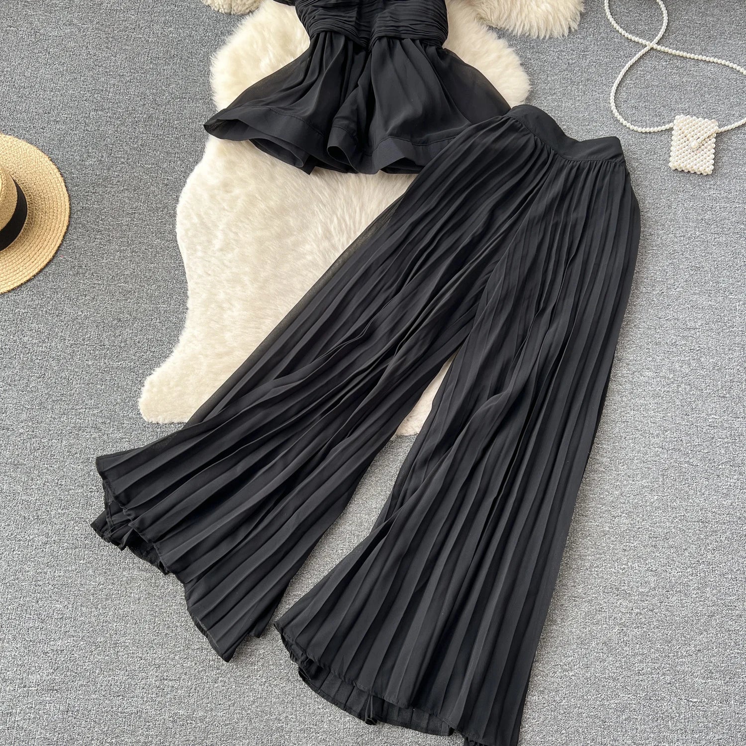 High End Elegant Pleated Sleeveless Chiffon Top+High Waist Wide Leg Pants Two Piece Set