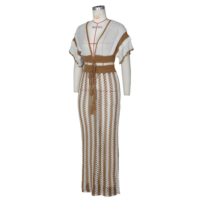 Striped Knitted Two Piece Set Y2K Hollow Out V-neck Crop Top and Long Skirt