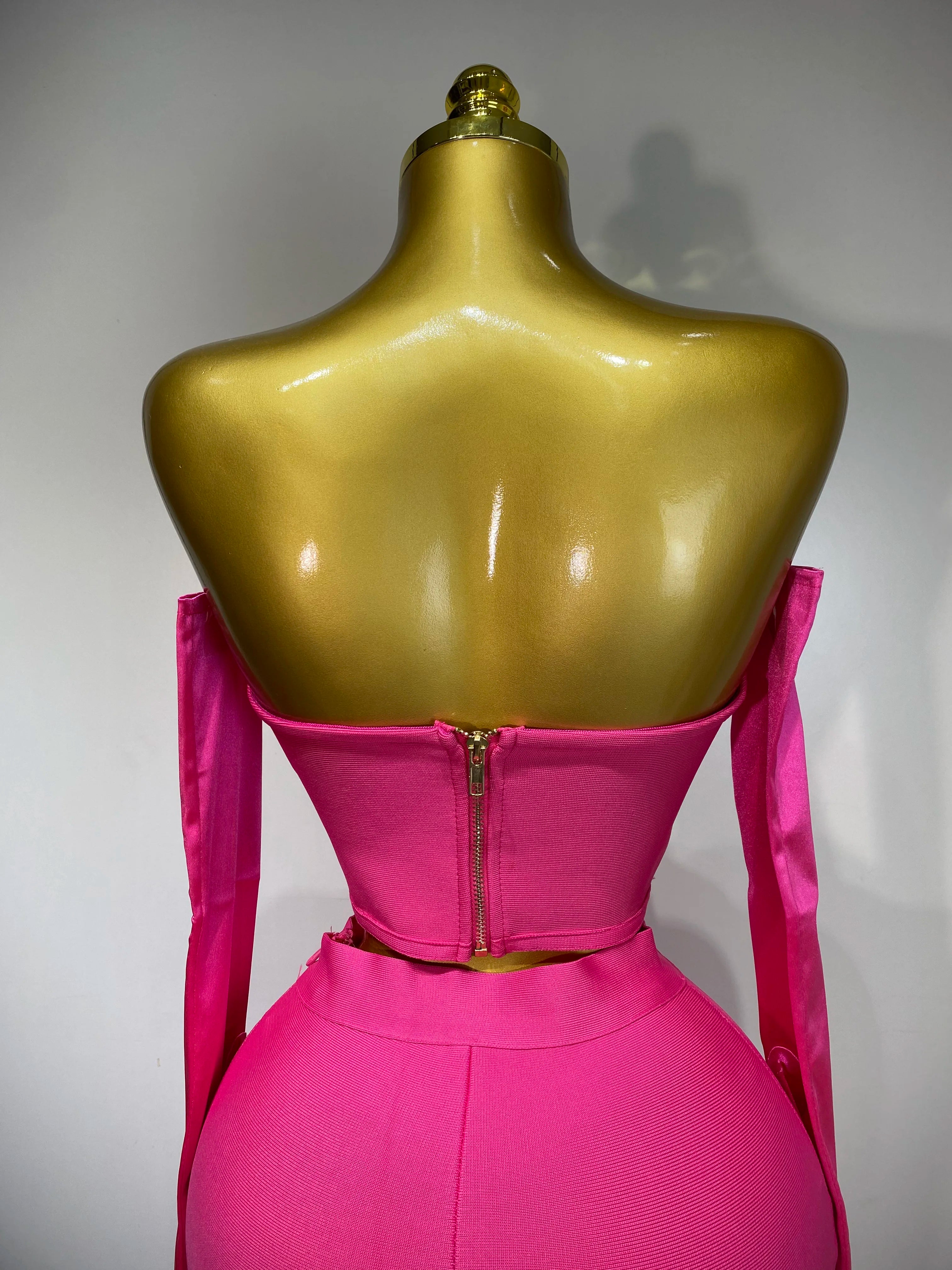 Strapless Backless Hot Pink Glove Pants Bandage Three Piece Suit Birthday Outfit