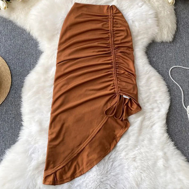 Draped Irregular Lace up Drawstring Folds Midi Skirt