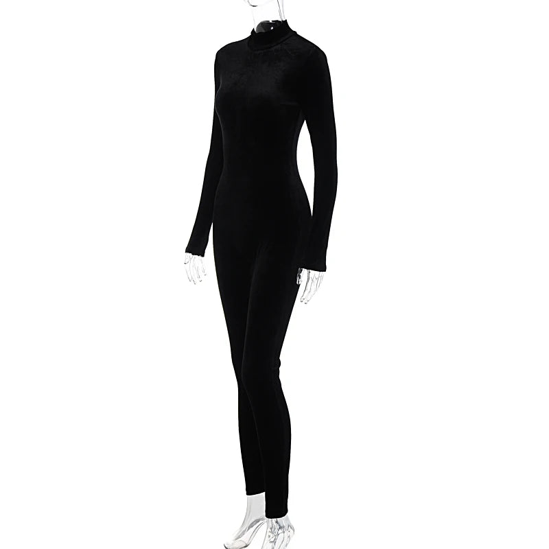 Y2K Long Sleeve O-Neck Bodycon Skinny Zipper Jumpsuit