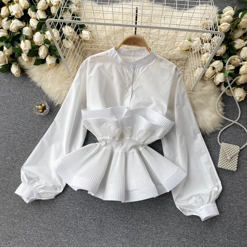 Puff Sleeve Pleated Ruffle Elegant Patchwork y2k Blouse