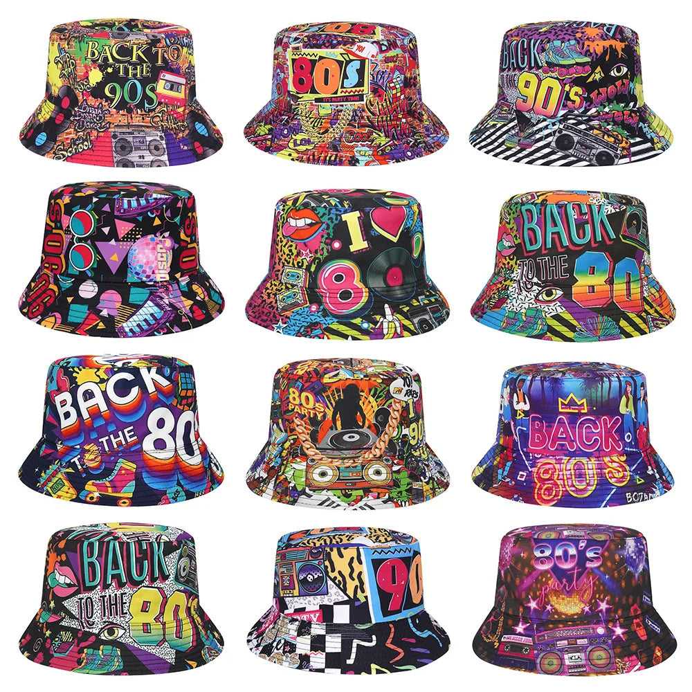 80's 90's Print Sun Protection Bucket Hats Fisherman Cap Hip Hop Panama Hat Bob Sun Caps