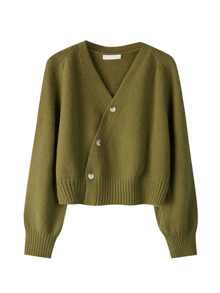 Autumn Winter Skew Button Cardigan V-neck Sweater Knitted Long Sleeve Tops Korean Loose Solid Cashmere Sweater