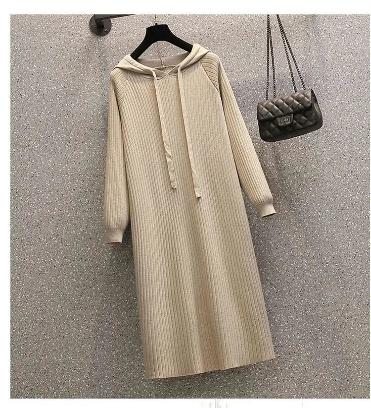 Casual V-neck Knitted Maxi Dress Elegant Ribbed Long Sleeve Hooded Dress