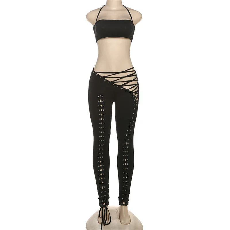 Lace Up 2 Piece Set Halter Camisole Crop Tops + Shirring Hollow Skinny Pants Two Piece Set