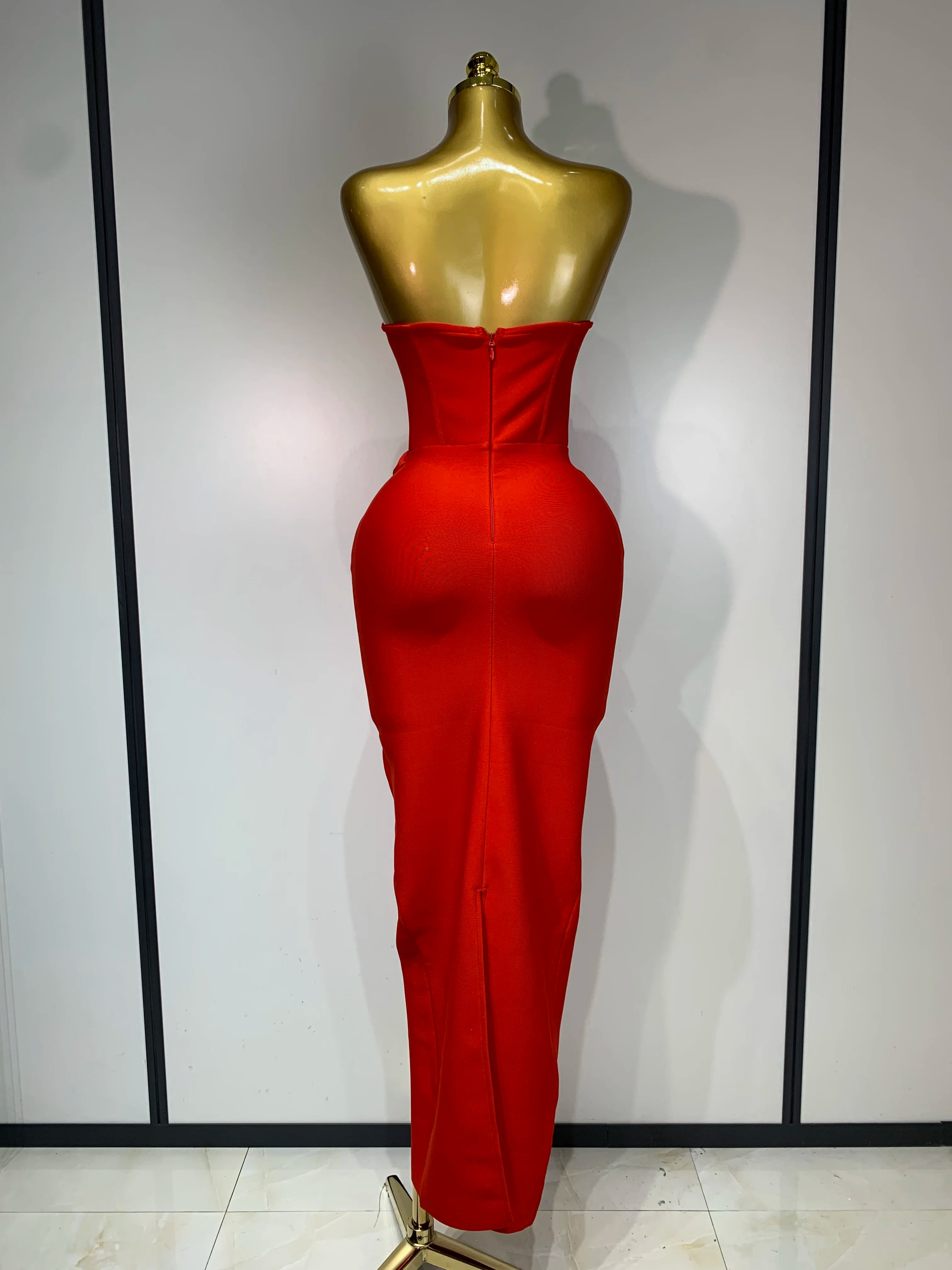 Strapless Backless Red Flower Midi Bandage Dress