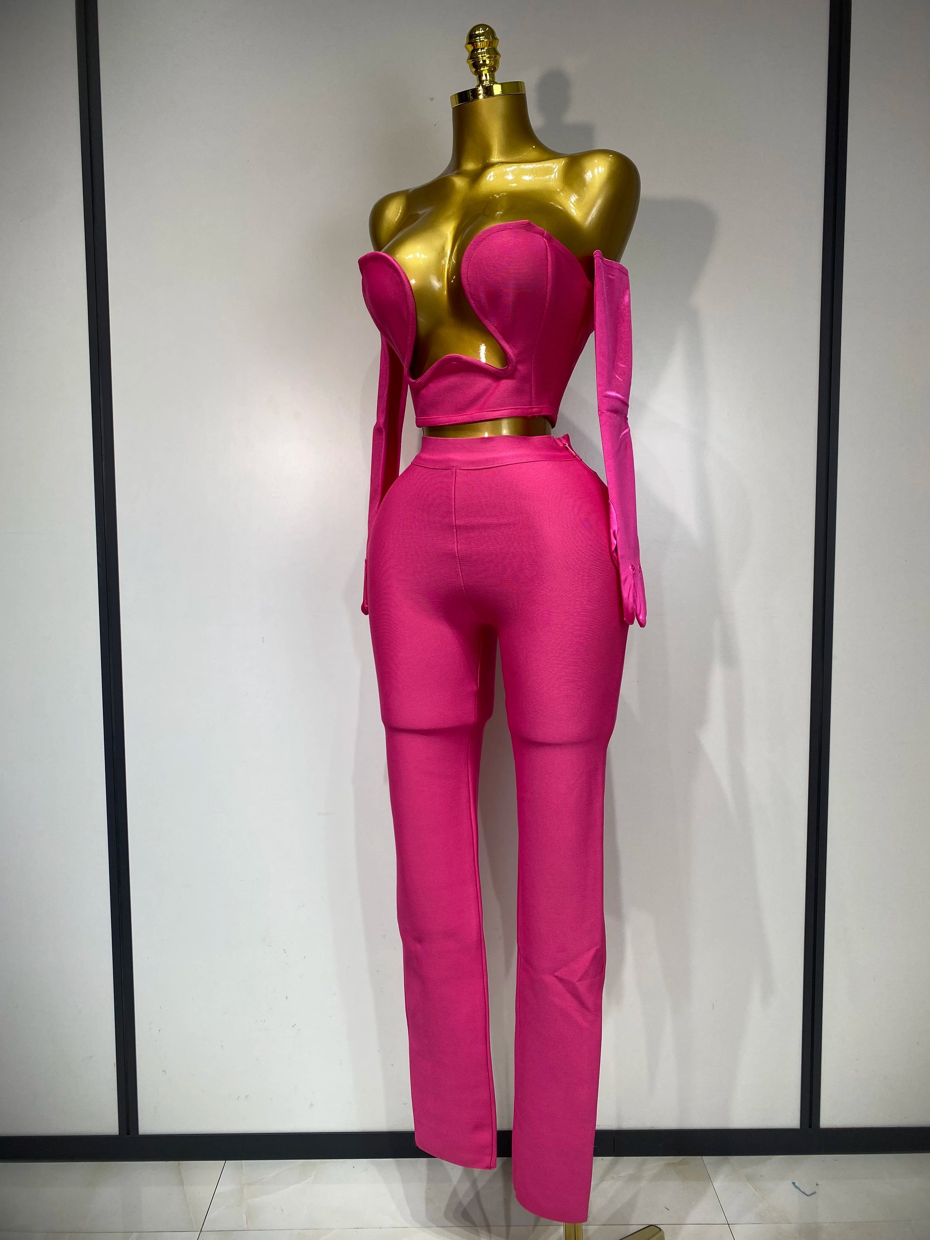 Strapless Backless Hot Pink Glove Pants Bandage Three Piece Suit Birthday Outfit
