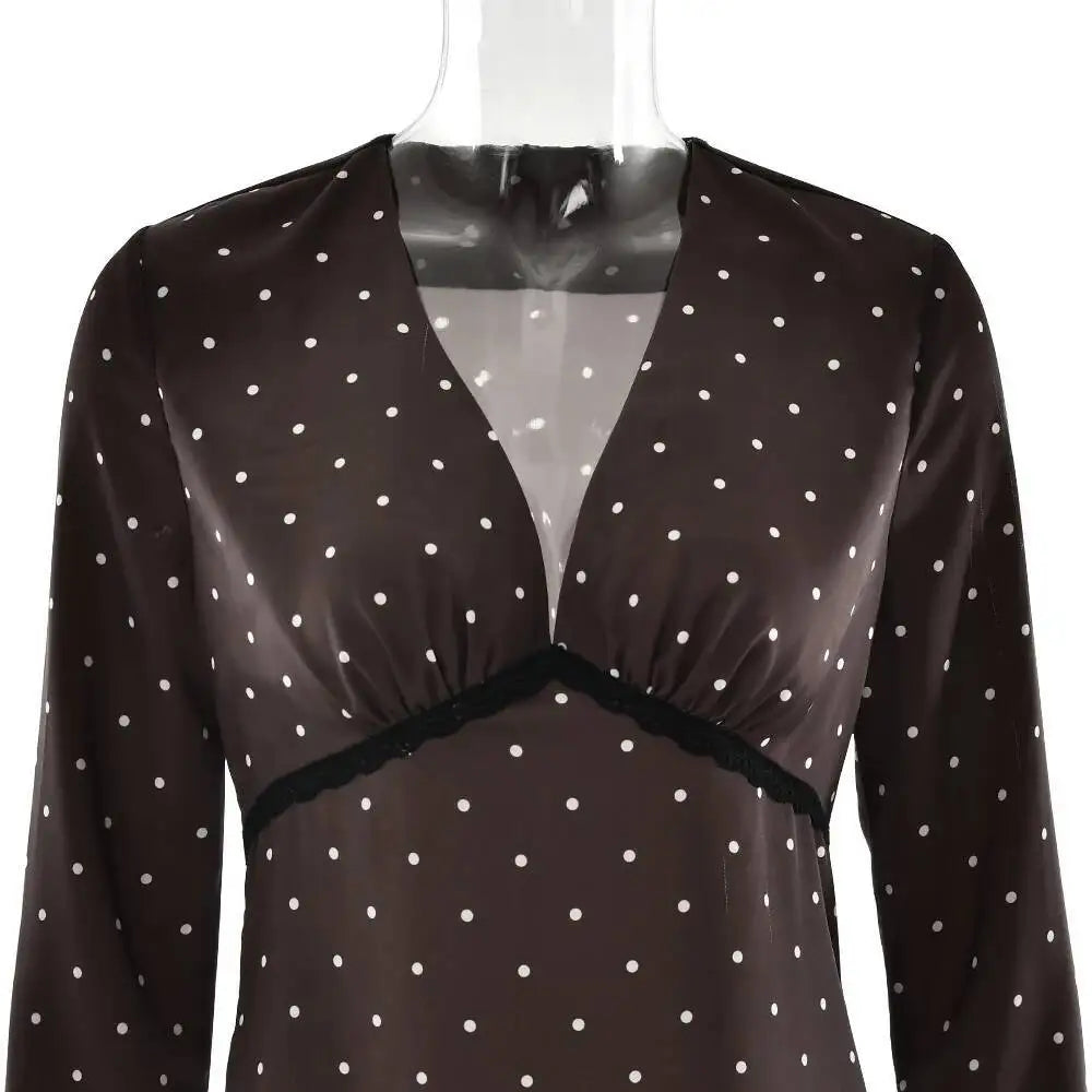 Polka Dot Long Sleeve Patchwork Lace Maxi Dress