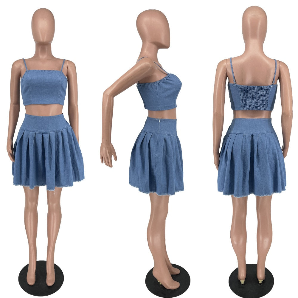 Denim 2 Piece Pleated Skirt Sets Dress