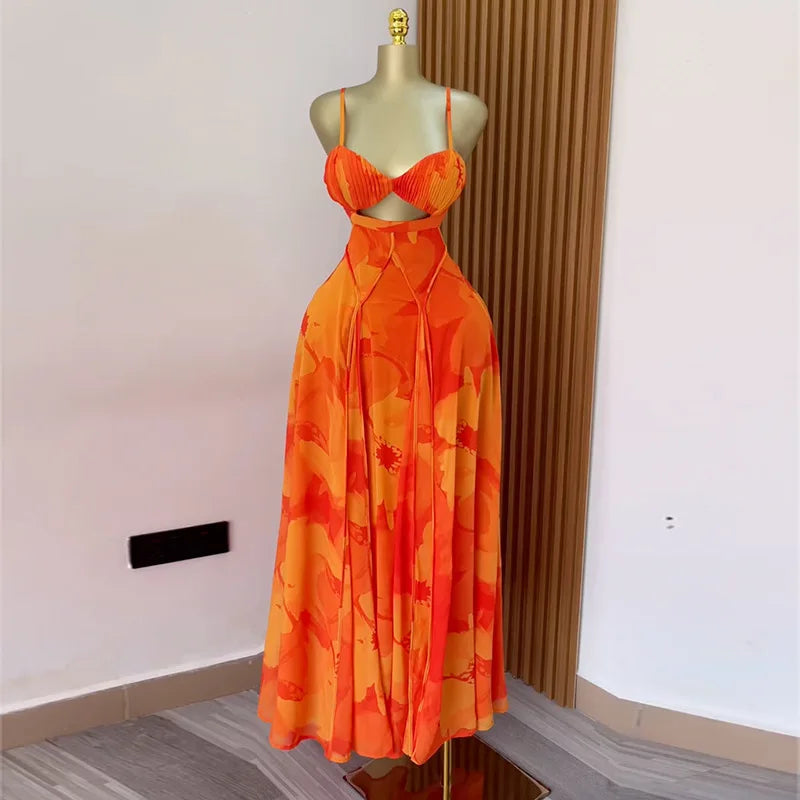 Floral Printed Strap Backless Swing Maxi Long Dress