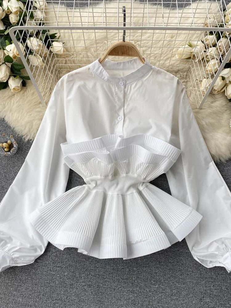 Puff Long Sleeve Pleated Ruffle Y2k Top Blouse