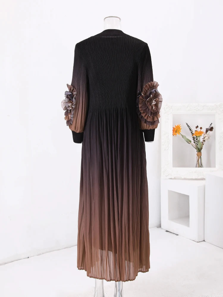 Pleated Set Gathered Waist Floral Sleeves Coat Sleeveless Long Dresses