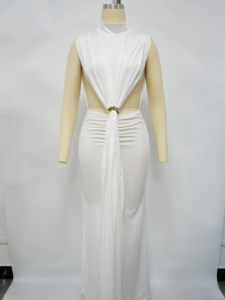 O-neck High Split Ruched Stacked Bodycon Midi Maxi Dress