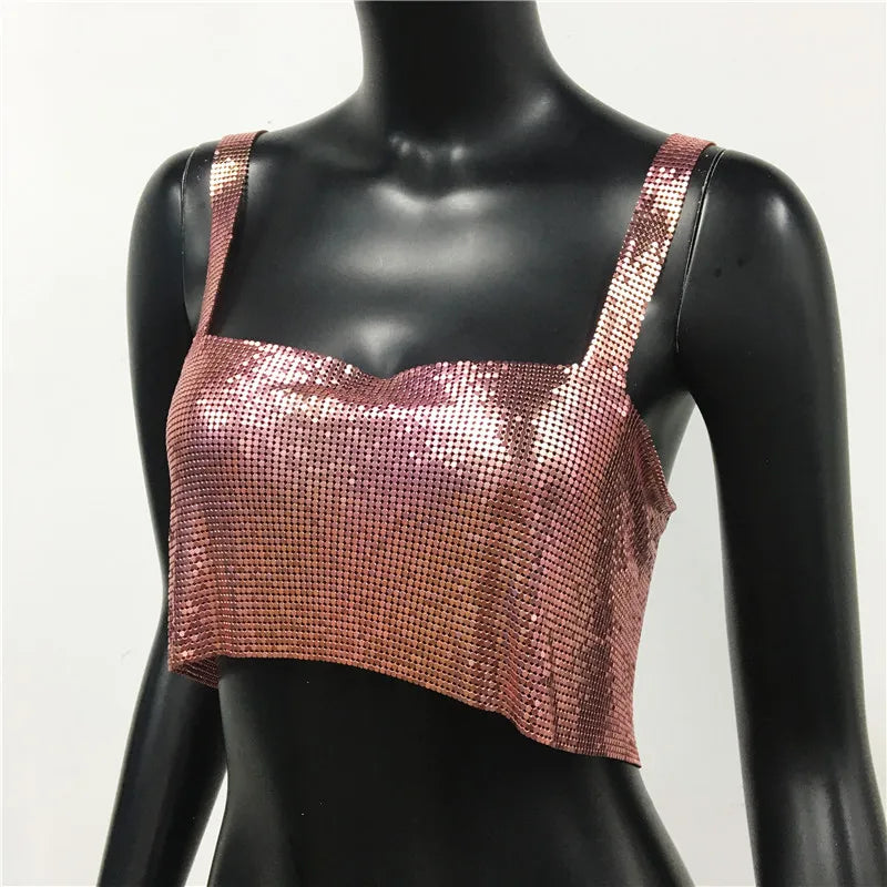 Bling Metallic Sequin Crop Top y2k Backless Straps Cropped Top
