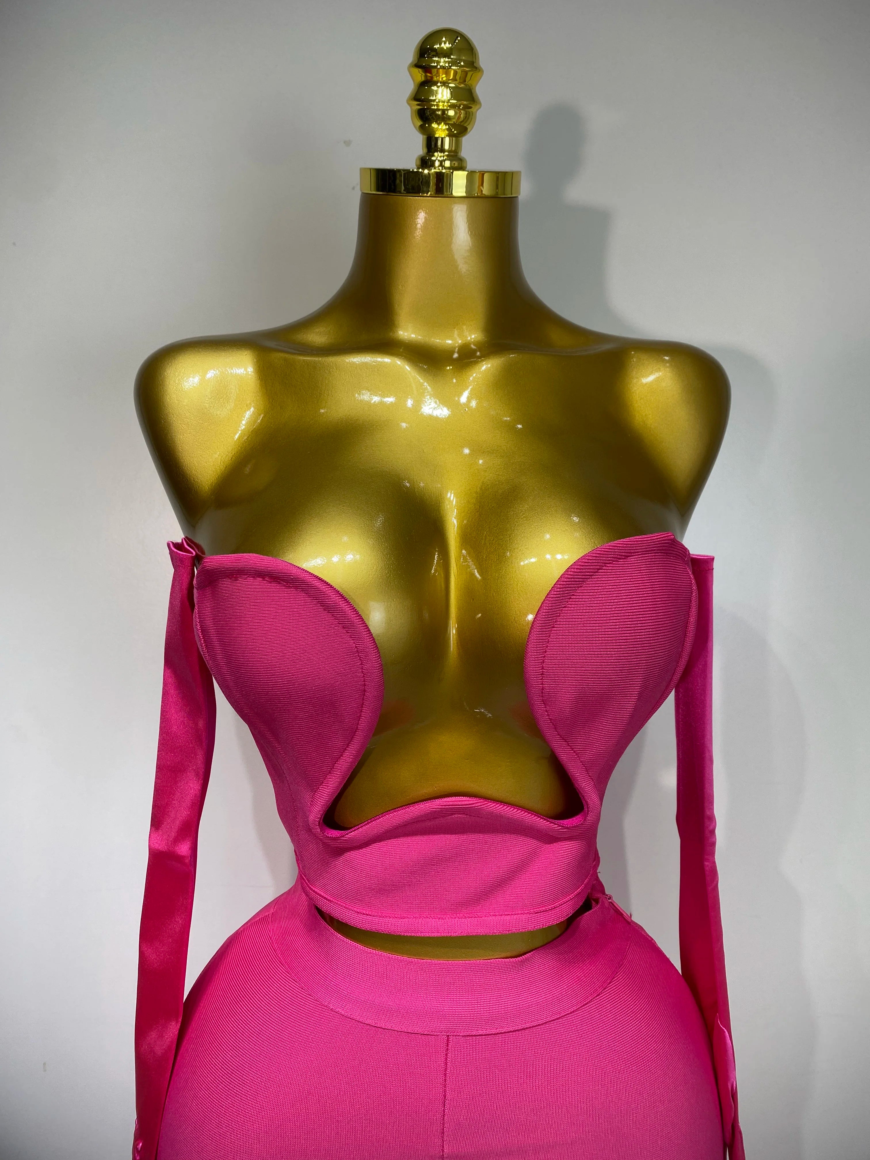 Strapless Backless Hot Pink Glove Pants Bandage Three Piece Suit Birthday Outfit
