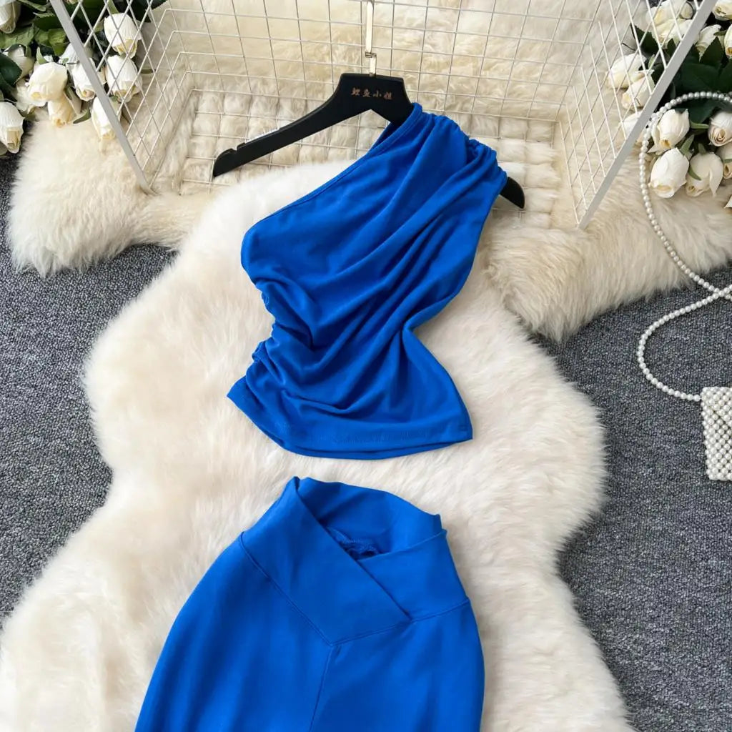 Two Pieces Sets Elegant Chic Skew Collar Pleated Tops + High Waist Flare Casual Pants  Outfits