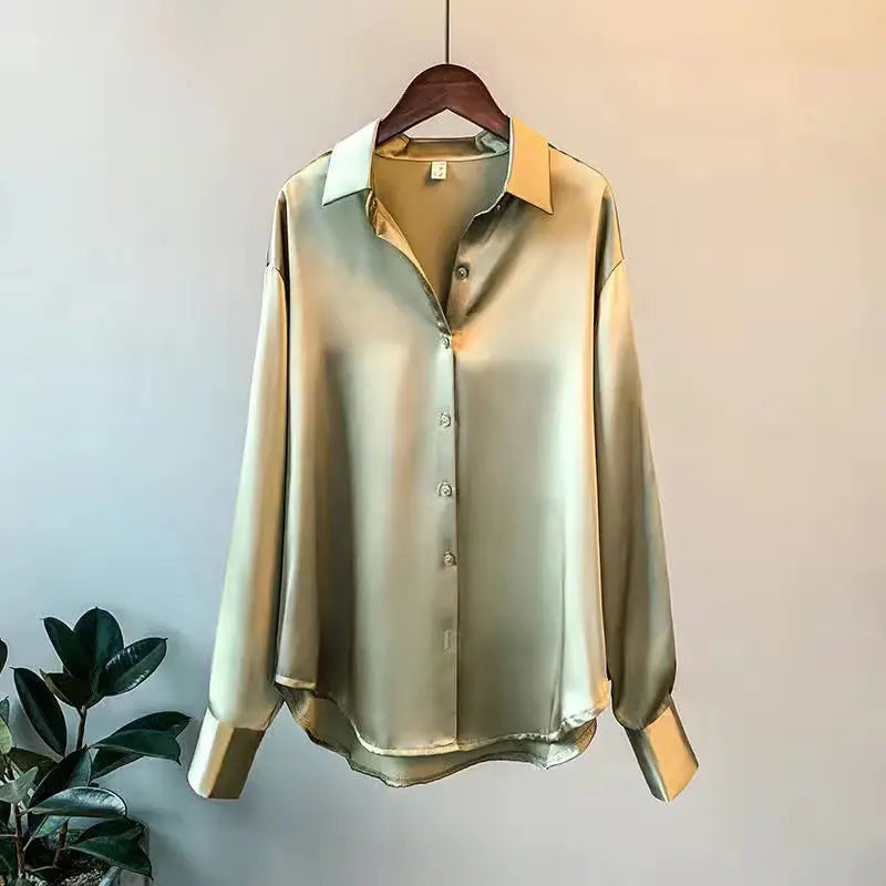 Vintage Satin Blouse Long Sleeve Button Loose Shirts