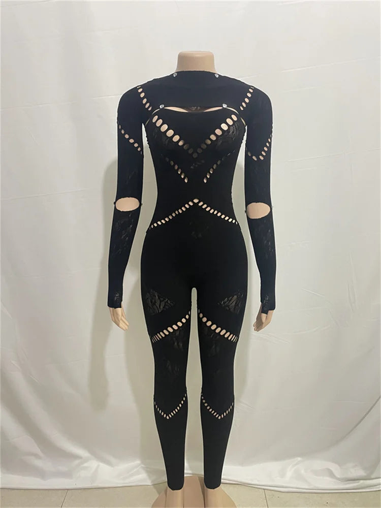 Long Sleeve Bodycon See Through Rompers Jumpsuit