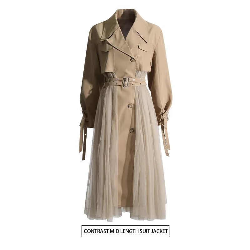 Loose Mesh Stitching Casual High Waist Long Trench Coat
