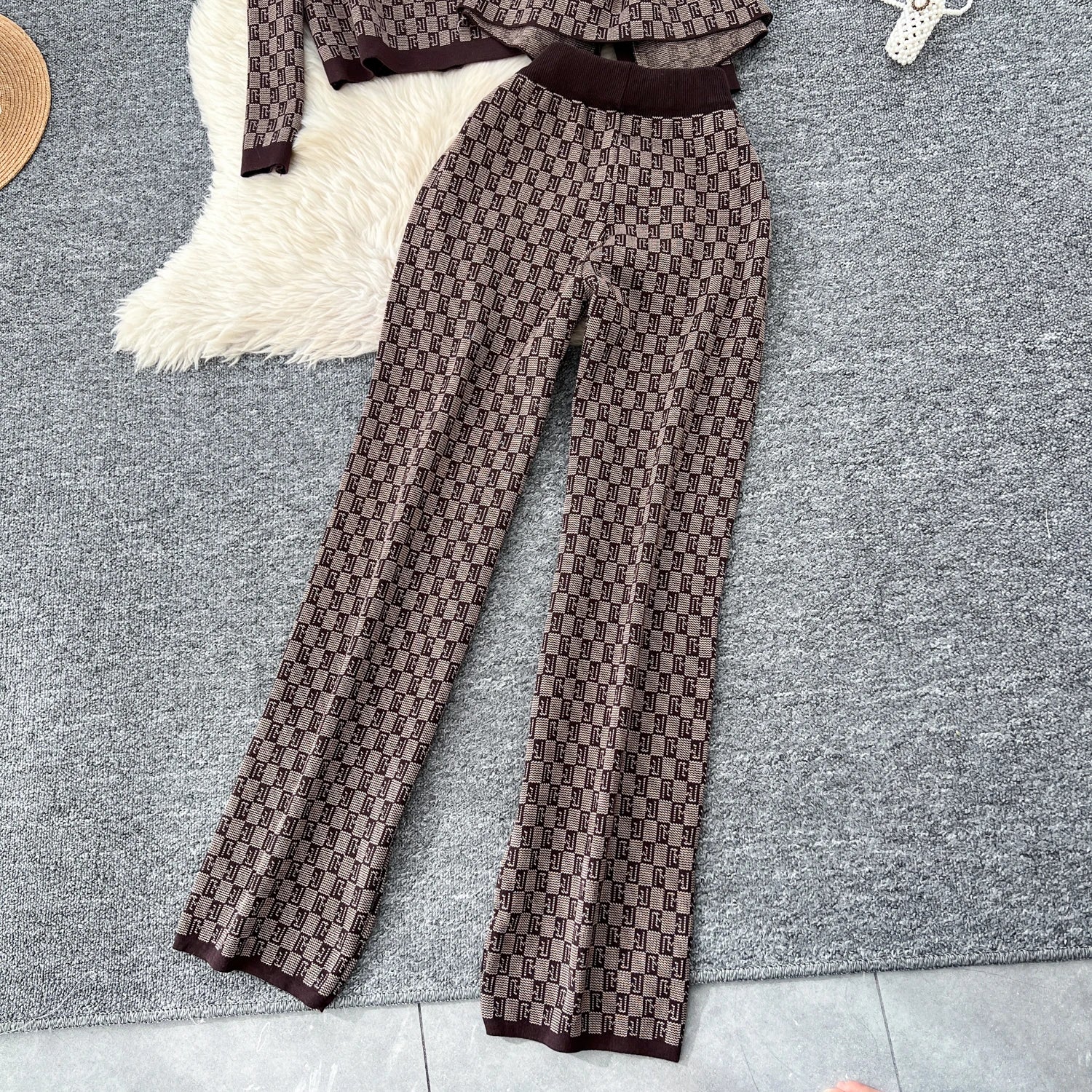 Three Piece Plaid Print Sweater Suits Knit Cardigans+Elastic Long Pants