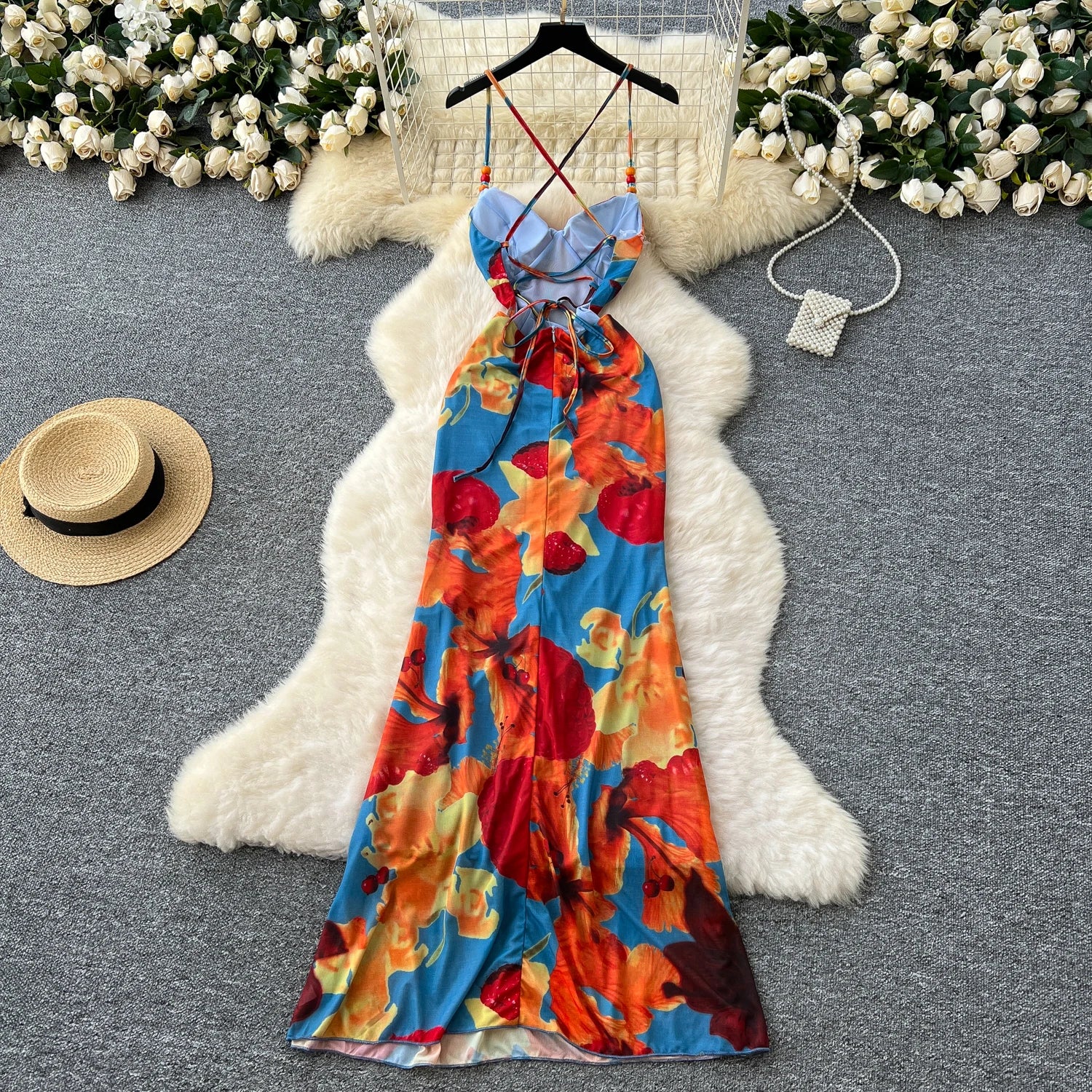 vintage print sleeveless hollow out mermaid dress