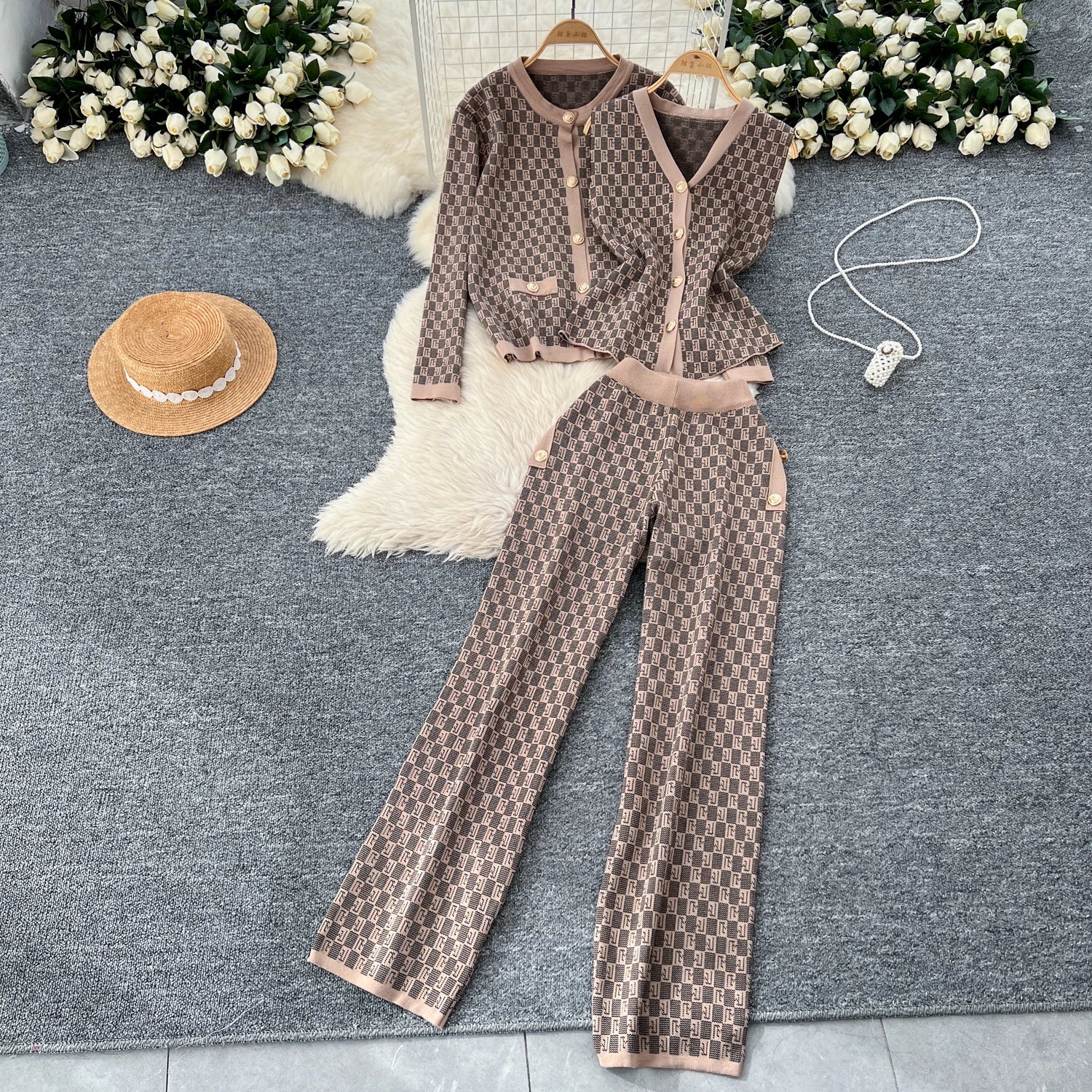 Three Piece Plaid Print Sweater Suits Knit Cardigans+Elastic Long Pants