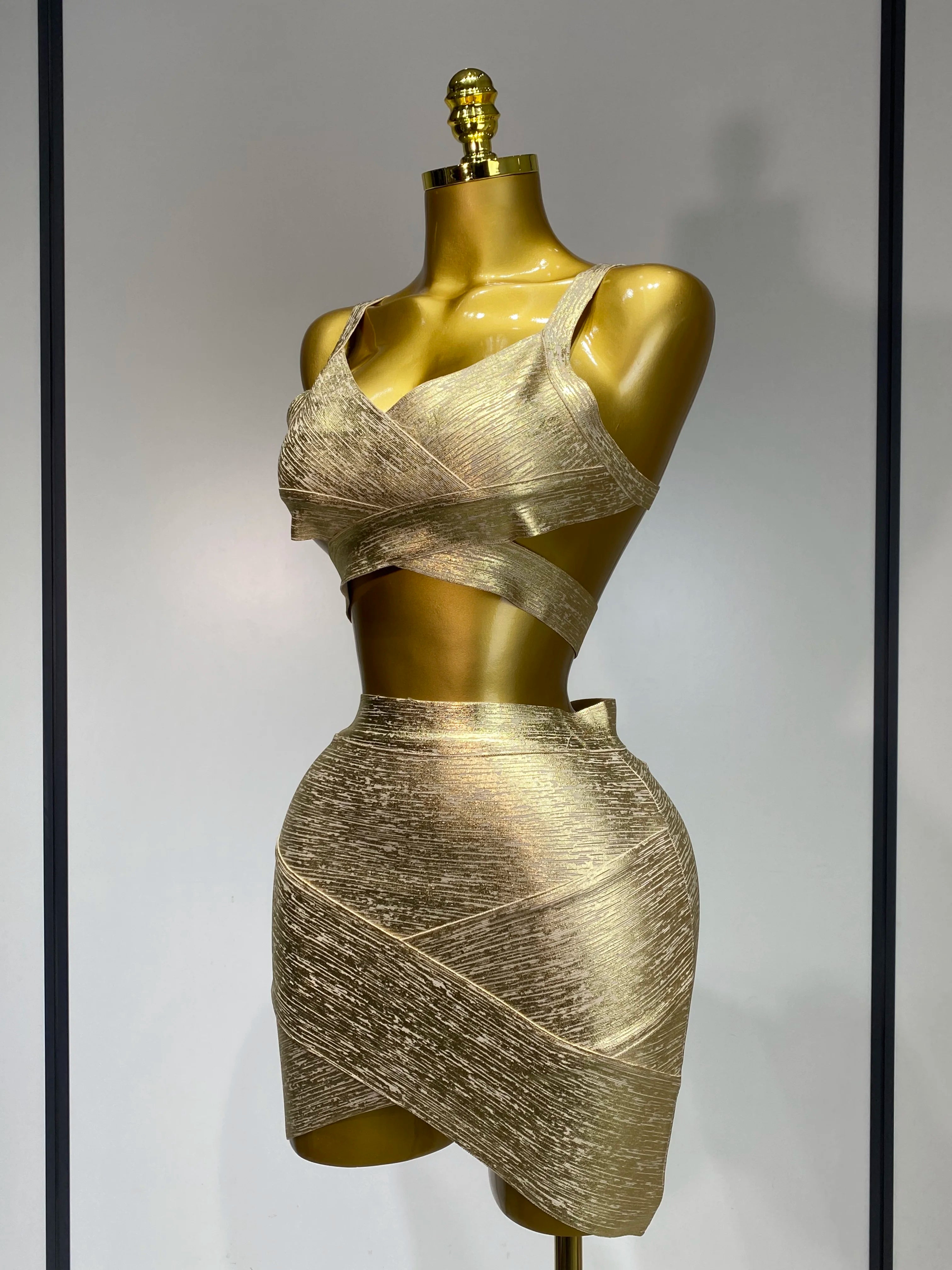 V Neck Gold Bandage Top Bodycon Skirt Two Piece Set