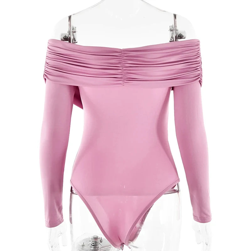 Off Shoulder Crossed Folds Long Sleeve Fashion Bodysuits