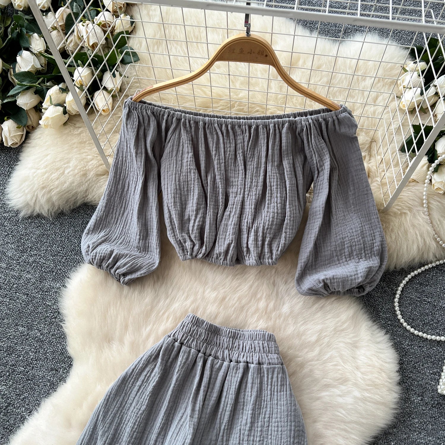 Lantern Sleeve Off Shoulder Crop Top+High Waist Wide Legs Pants Two Piece Set