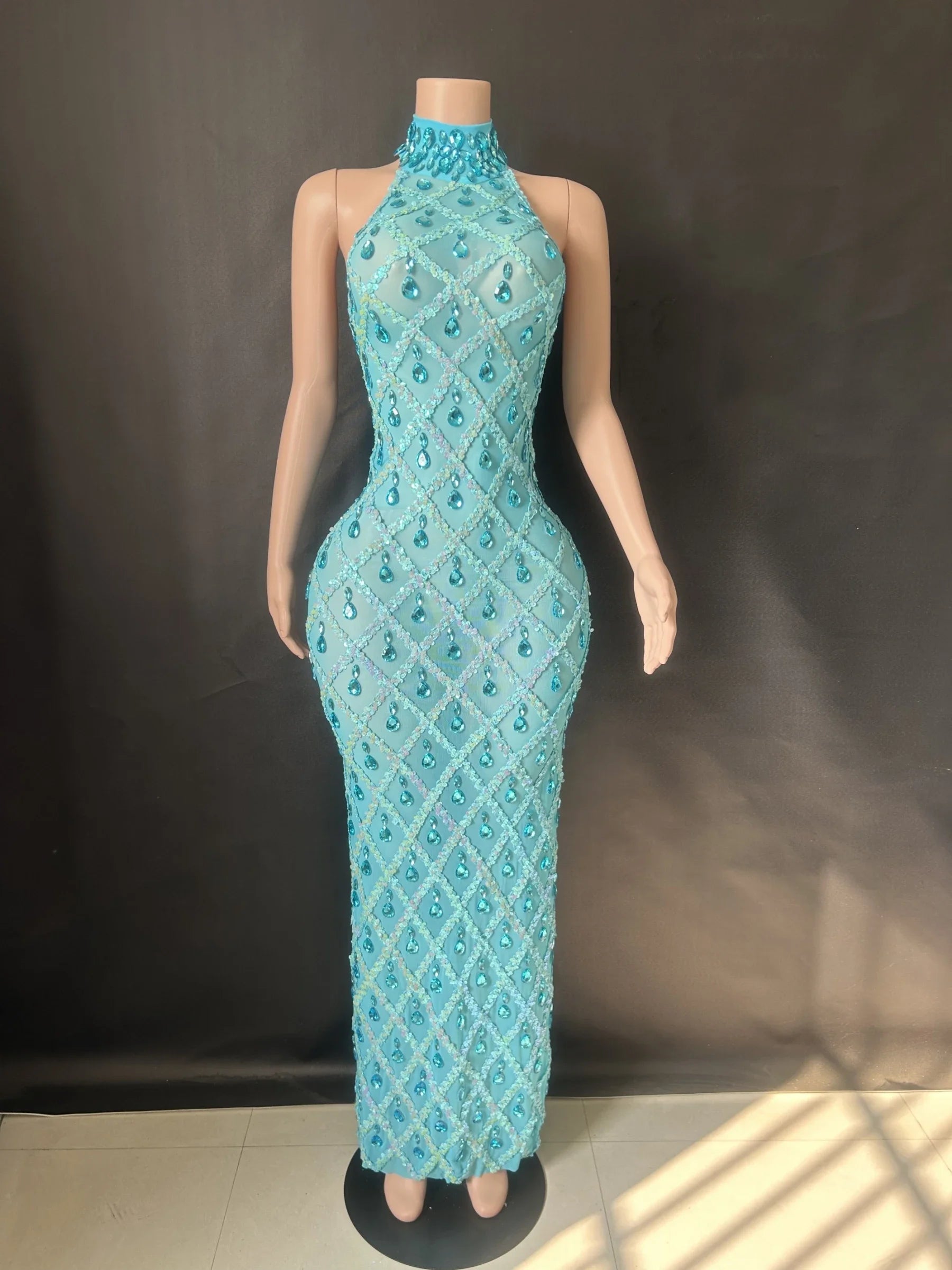 Prom Birthday Dress Transparent Rhinestone Sequins Dress