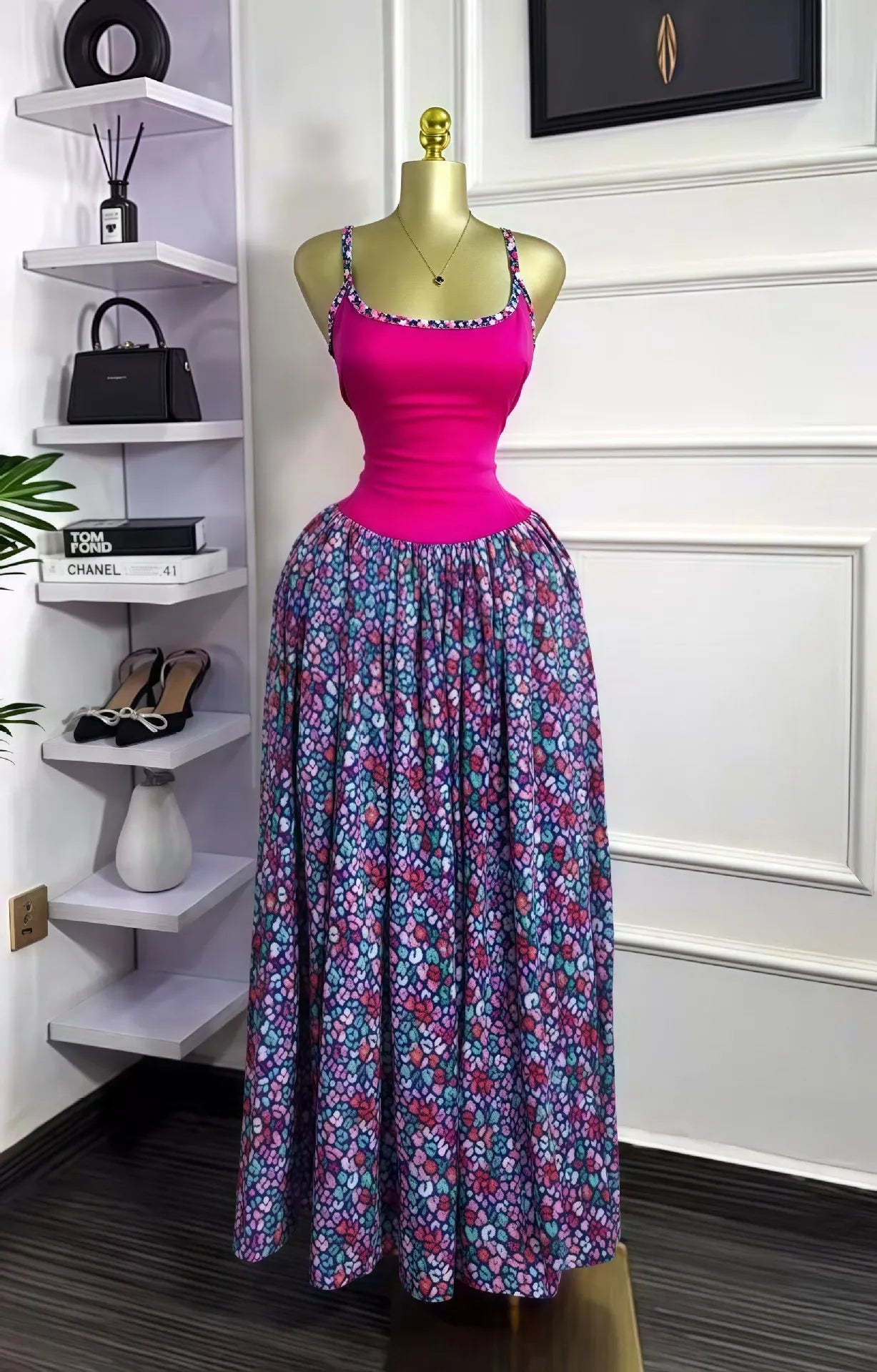 Floral Printed Patchwork Strap Tank Maxi Long Dress